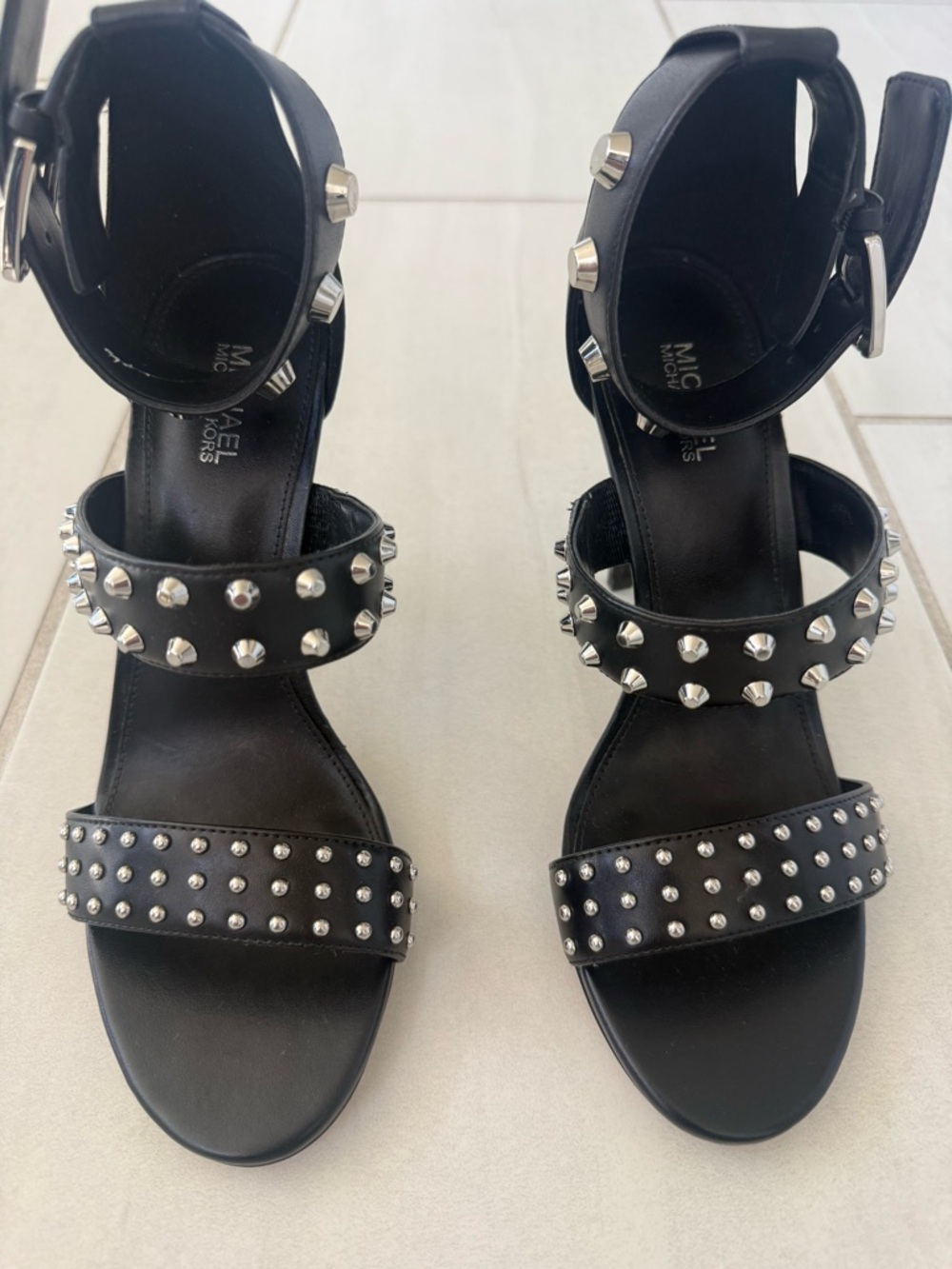 Michael Kors Black Studded Leather Block-Heel Sandals